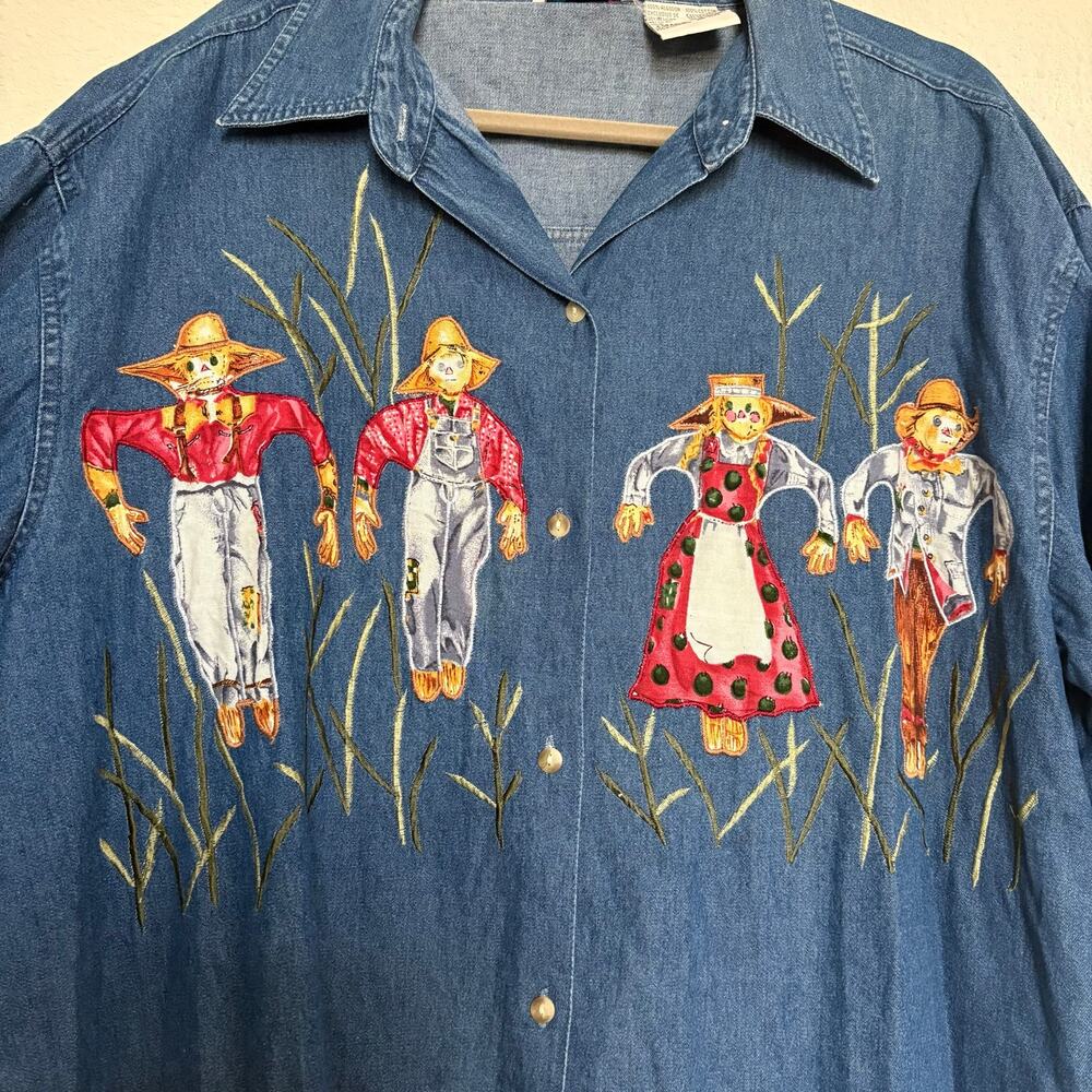 Vintage KerenHart Scarecrow Denim Shirt XL Appliqué Embroidered Fall Harvest 90s